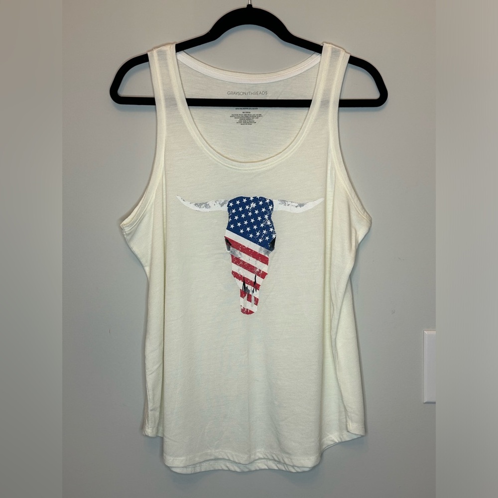 Grayson Threads Women's XL White Tank American Flag Longhorn Graphic Sleeveless